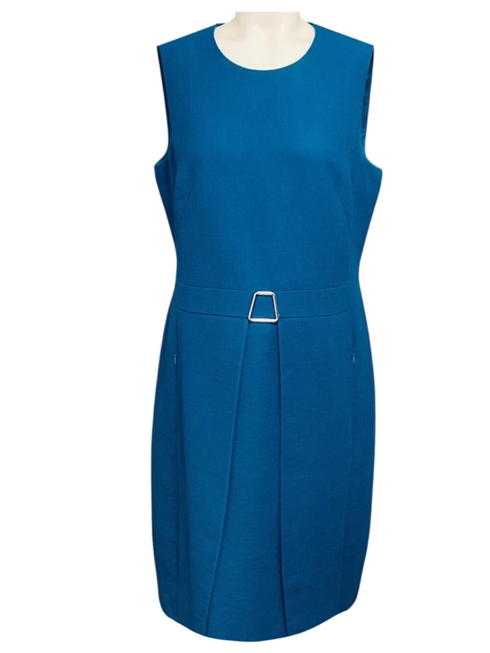Akris Blue / Silver Buckle Detail Front Pleat Sleeveless Linen and Wool Gauze Dr